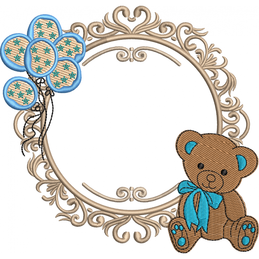 Balloon wreath embroidery design with teddy bear 230f