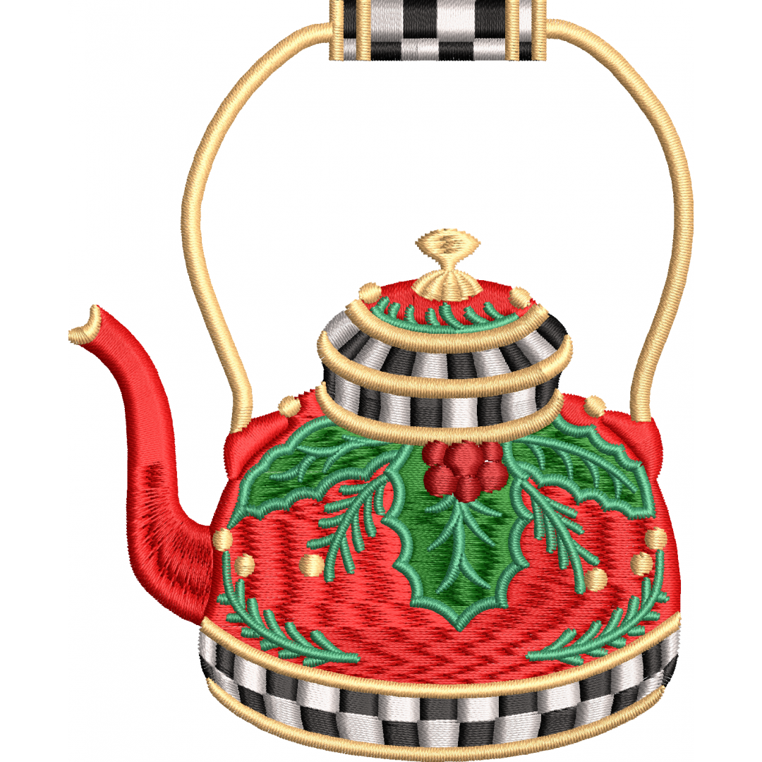 Floral checker teapot embroidery design 10f