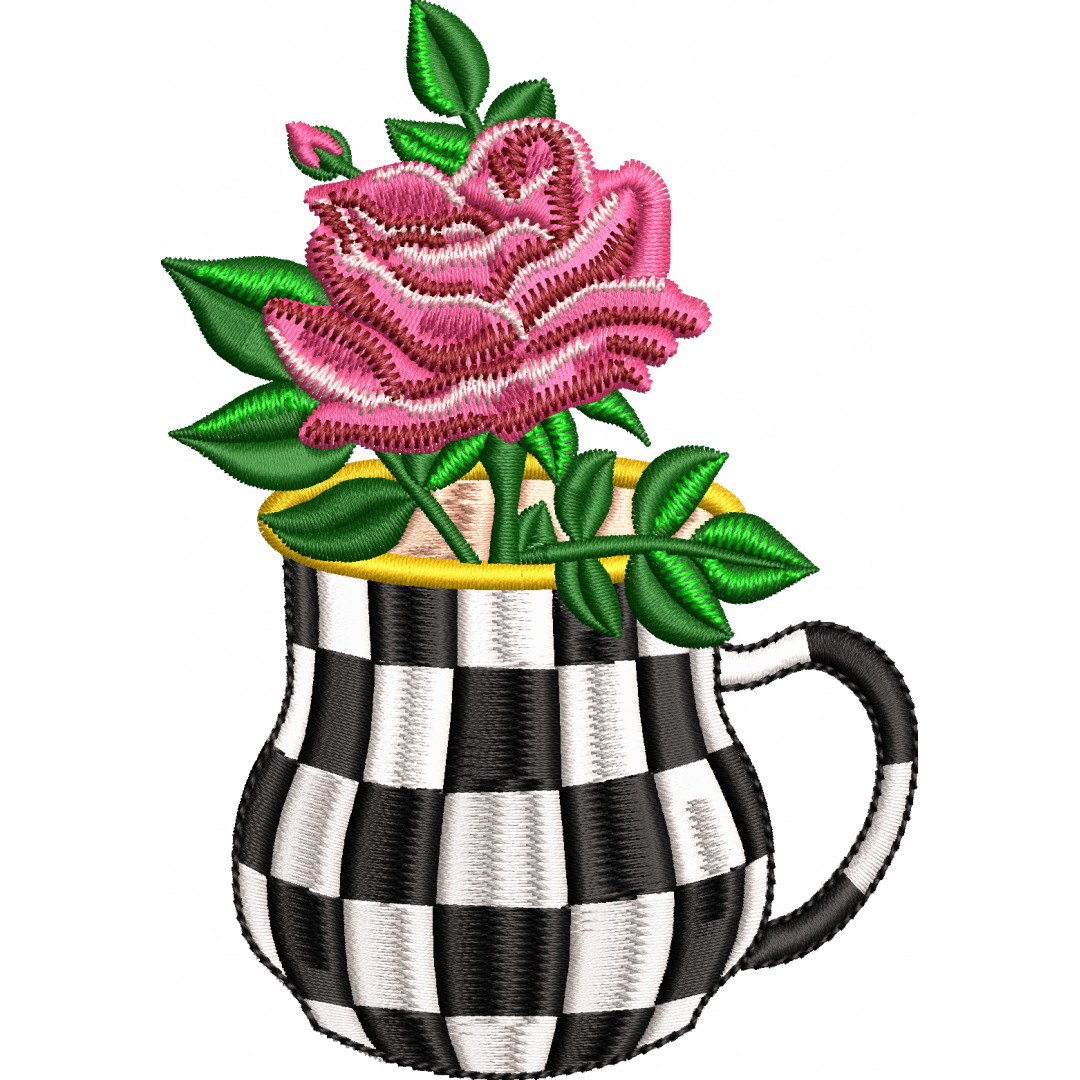 Rose embroidery design in checker pattern cup 95f