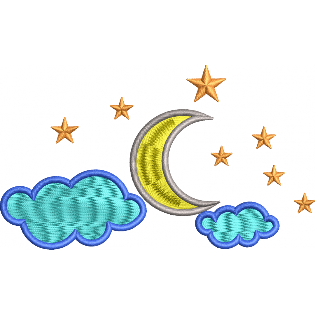 Cloudy moon star embroidery design